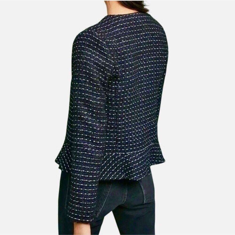 Tweed Peplum Blazer Jacket Size Medium Anthropologie Dolan Black Blue Ruffle